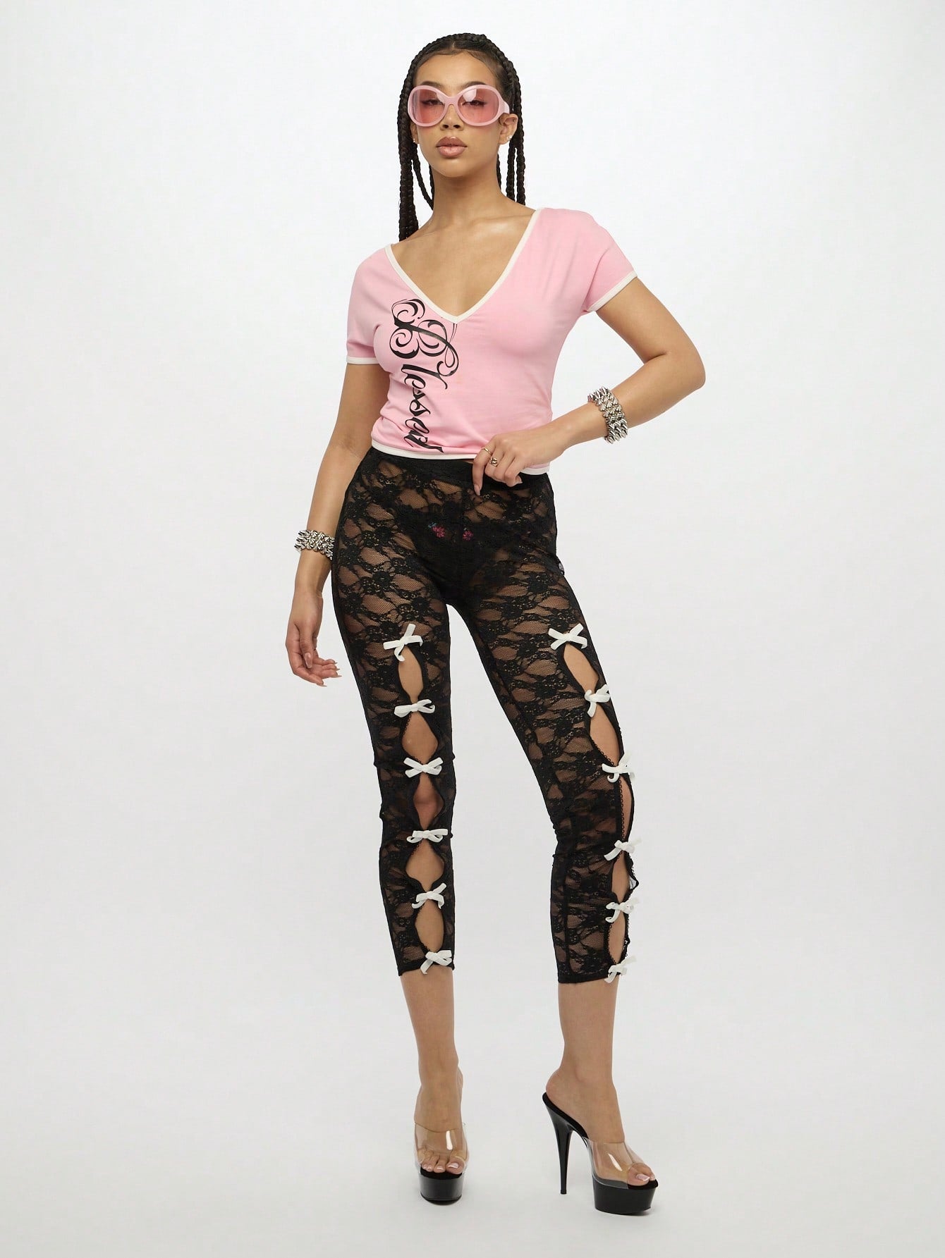 SUMWON WOMEN Blusa corta con estampado gráfico y ribete de contraste, estilo Y2K, festival, club, retro de los 90, streetwear