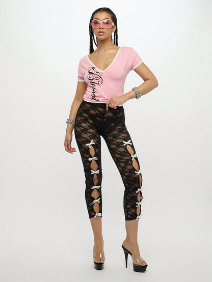 SUMWON WOMEN Blusa corta con estampado gráfico y ribete de contraste, estilo Y2K, festival, club, retro de los 90, streetwear