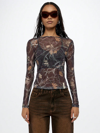 SUMWON WOMEN Capa base ajustada de manga larga con malla para la temporada de caza de otoño e invierno, con estampado de camuflaje para entornos naturales