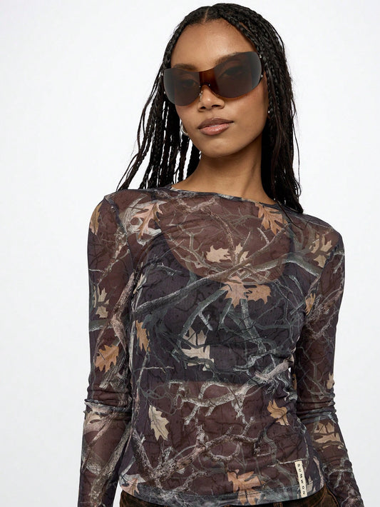 SUMWON WOMEN Capa base ajustada de manga larga con malla para la temporada de caza de otoño e invierno, con estampado de camuflaje para entornos naturales