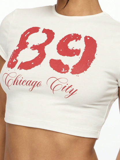 SUMWON WOMEN Camiseta corta deportiva con estampado retro de la ciudad de Chicago 89, de manga corta, estilo urbano, deportivo y de moda casual de verano
