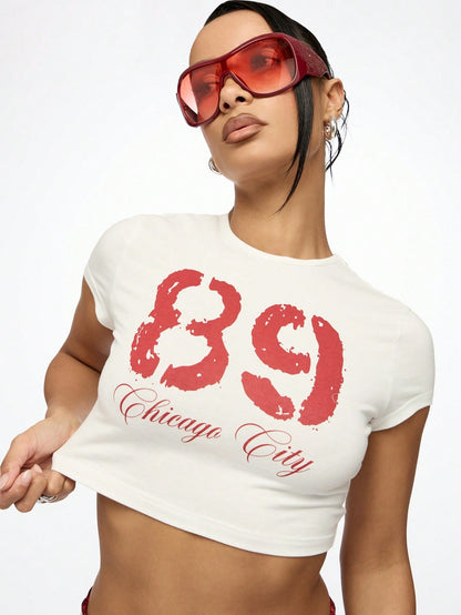 SUMWON WOMEN Camiseta corta deportiva con estampado retro de la ciudad de Chicago 89, de manga corta, estilo urbano, deportivo y de moda casual de verano