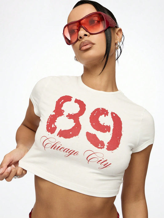 SUMWON WOMEN Camiseta corta deportiva con estampado retro de la ciudad de Chicago 89, de manga corta, estilo urbano, deportivo y de moda casual de verano