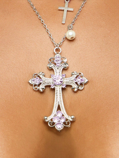SUMWON WOMEN Elegante collar con colgante de cruz, cadena multicapa de perlas, collar declarativo con cristales y strass, accesorios de joyería estilo gótico victoriano para festivales
