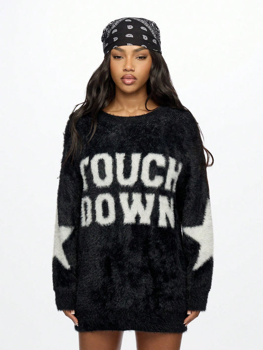 SUMWON WOMEN Sudadera de punto de invierno cálida y holgada, de estilo urbano casual, con manga larga, estampado de texto y fleece. Incluye pañuelo bandana