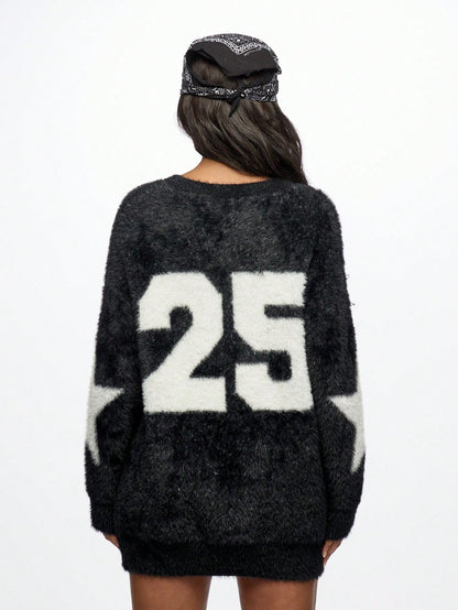 SUMWON WOMEN Sudadera de punto de invierno cálida y holgada, de estilo urbano casual, con manga larga, estampado de texto y fleece. Incluye pañuelo bandana