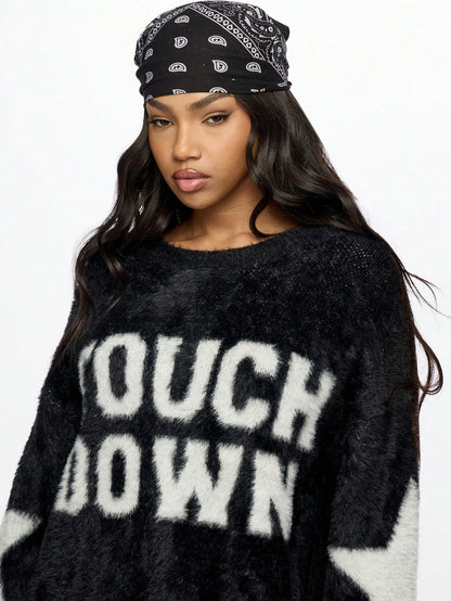 SUMWON WOMEN Sudadera de punto de invierno cálida y holgada, de estilo urbano casual, con manga larga, estampado de texto y fleece. Incluye pañuelo bandana