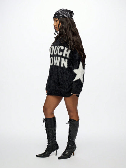 SUMWON WOMEN Sudadera de punto de invierno cálida y holgada, de estilo urbano casual, con manga larga, estampado de texto y fleece. Incluye pañuelo bandana