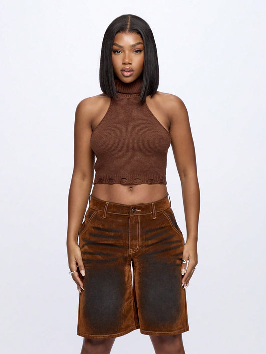 SUMWON WOMEN Top corto de cuello alto acanalado sin mangas con detalle de dobladillo texturizado, esencial de moda versátil de punto para otoño e invierno