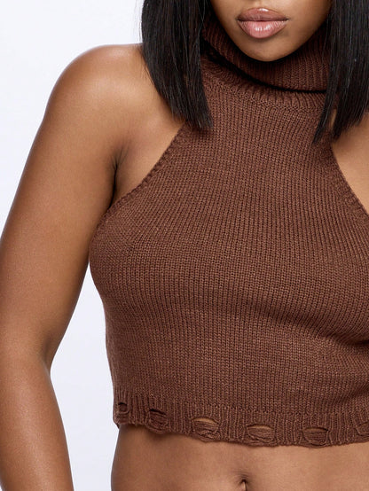 SUMWON WOMEN Top corto de cuello alto acanalado sin mangas con detalle de dobladillo texturizado, esencial de moda versátil de punto para otoño e invierno