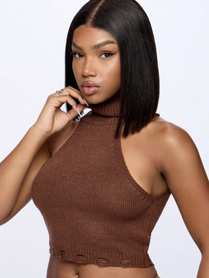 SUMWON WOMEN Top corto de cuello alto acanalado sin mangas con detalle de dobladillo texturizado, esencial de moda versátil de punto para otoño e invierno