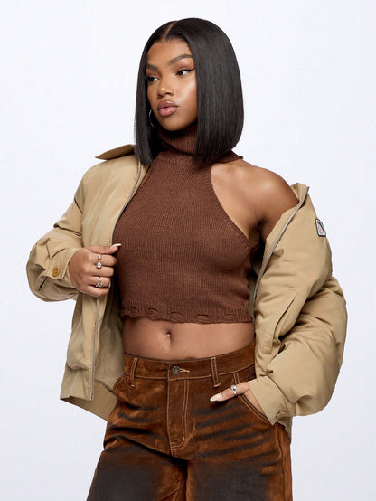 SUMWON WOMEN Top corto de cuello alto acanalado sin mangas con detalle de dobladillo texturizado, esencial de moda versátil de punto para otoño e invierno