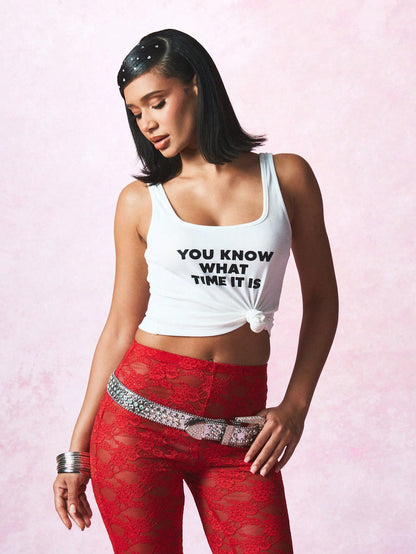 SUMWON WOMEN Top corto de punto con estampado de texto, de verano, informal, sin mangas, para gimnasio, entrenamiento, básico, fiesta, festival, baile