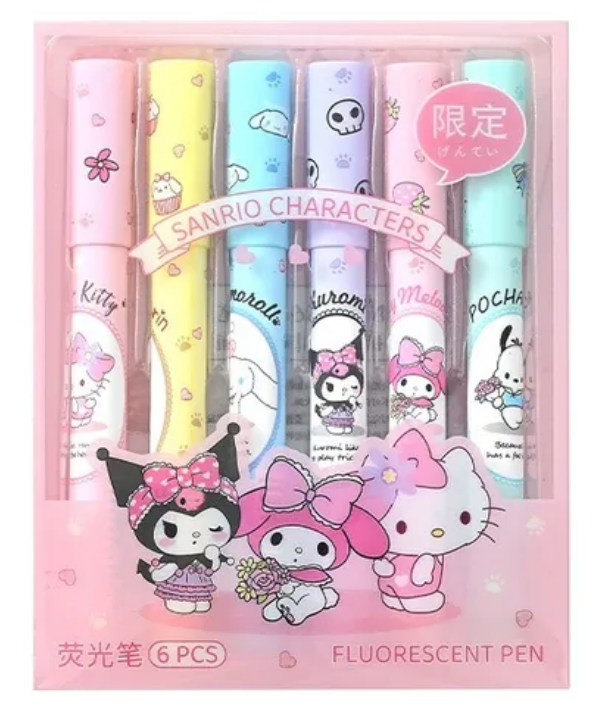 Set de 6 piezas de marcadores con diseños de personajes de dibujos animados de Sanrio como Pochacco, Hello Kitty y Melody, útiles escolares y de oficina, artículos de fiesta y bonus de vuelta al cole