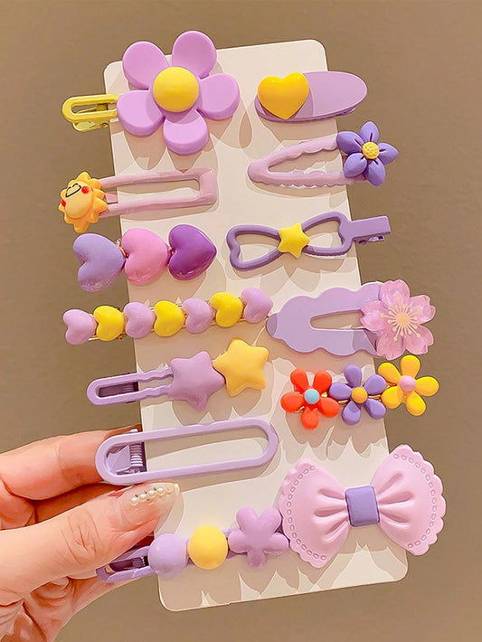 Set de 14 pinzas para el cabello con forma de corazón, estrella y flor en color rosa, adecuadas para uso diario o fiestas