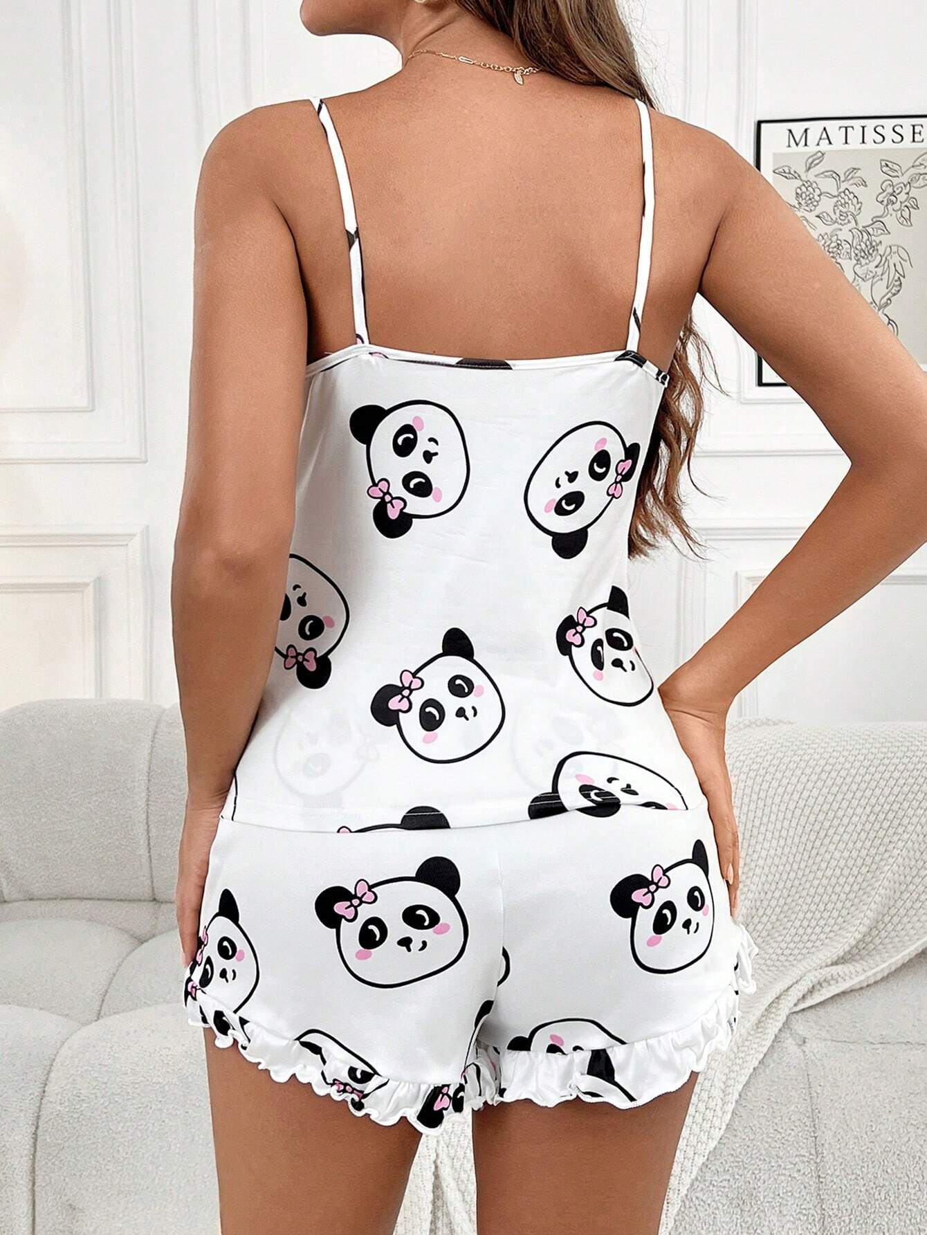 Set de 2 piezas de pijama informal con top sin mangas y pantalones cortos con estampado de panda por todo el diseño