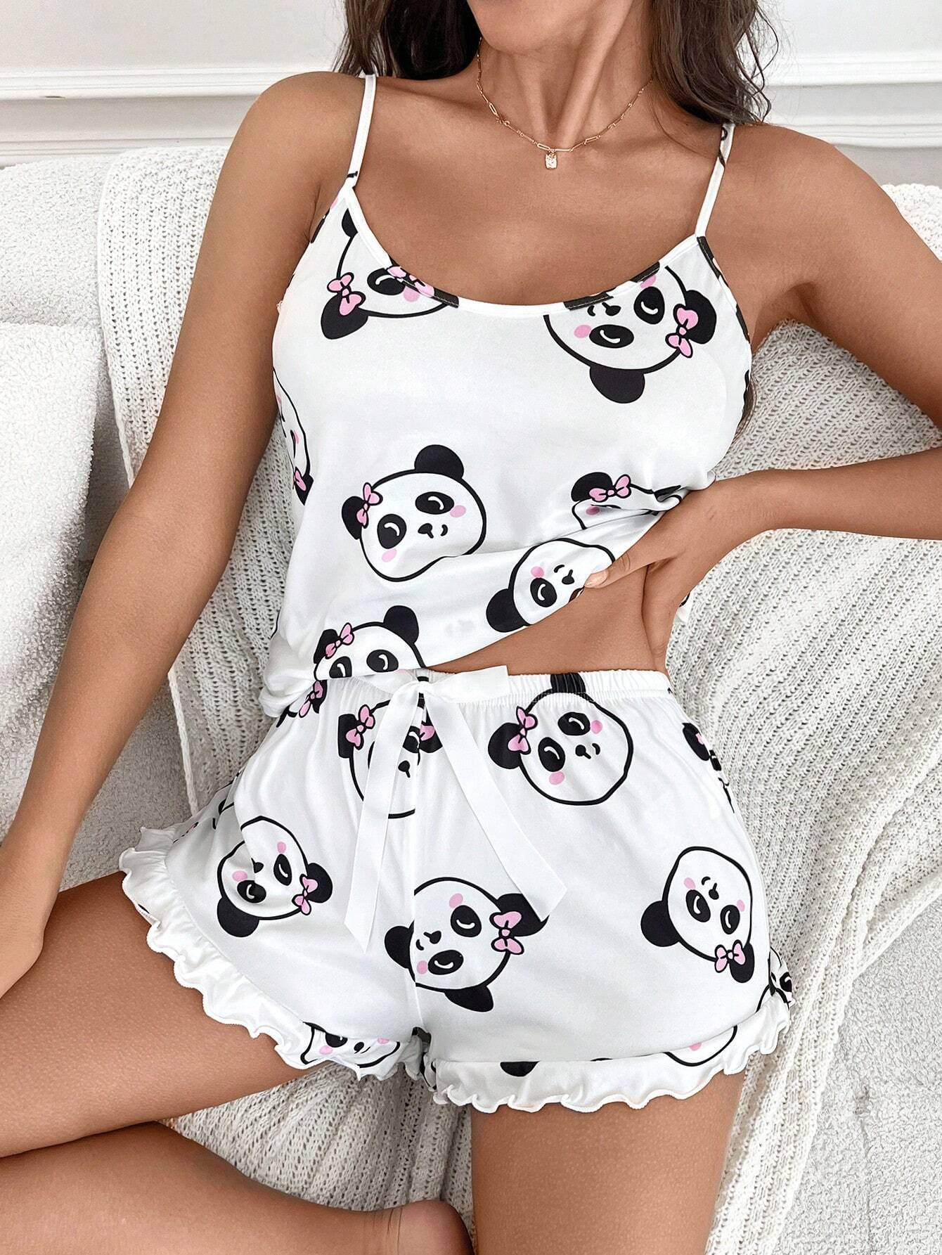 Set de 2 piezas de pijama informal con top sin mangas y pantalones cortos con estampado de panda por todo el diseño