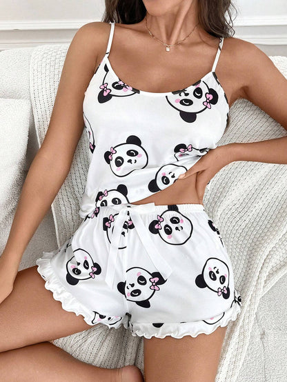Set de 2 piezas de pijama informal con top sin mangas y pantalones cortos con estampado de panda por todo el diseño