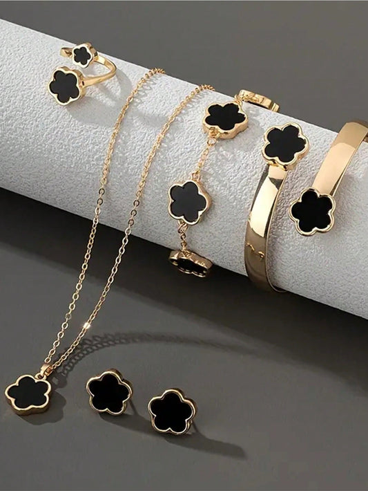 Set de 6 piezas de joyas con diseño floral de moda, incluye collar, pulsera, brazalete, anillo, aretes con diseño de flor de la suerte de aleación, regalo de moda para mujeres