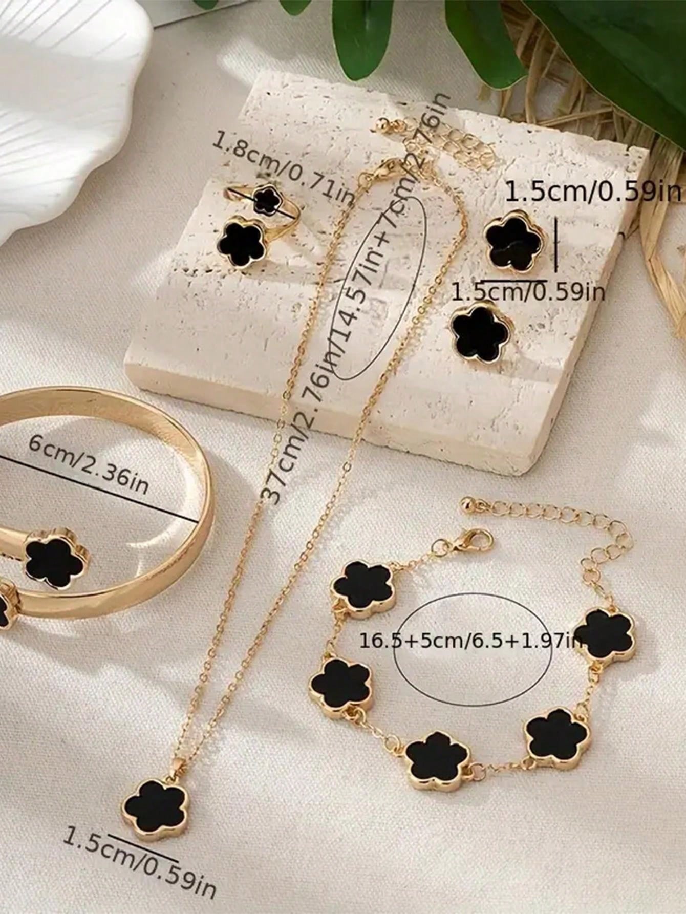 Set de 6 piezas de joyas con diseño floral de moda, incluye collar, pulsera, brazalete, anillo, aretes con diseño de flor de la suerte de aleación, regalo de moda para mujeres
