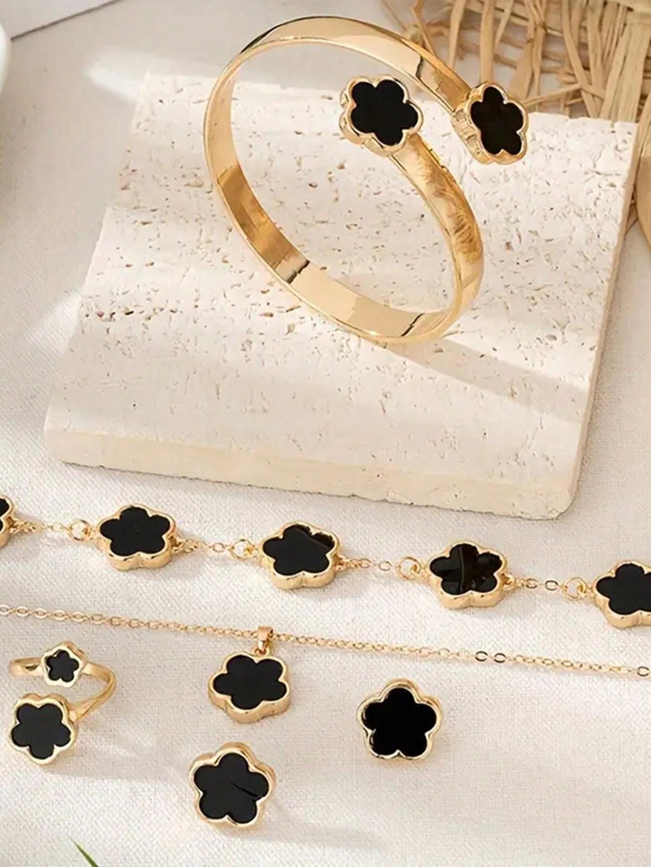Set de 6 piezas de joyas con diseño floral de moda, incluye collar, pulsera, brazalete, anillo, aretes con diseño de flor de la suerte de aleación, regalo de moda para mujeres