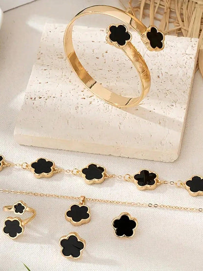 Set de 6 piezas de joyas con diseño floral de moda, incluye collar, pulsera, brazalete, anillo, aretes con diseño de flor de la suerte de aleación, regalo de moda para mujeres