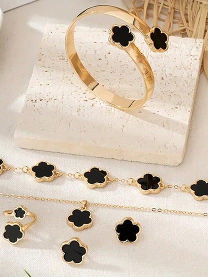 Set de 6 piezas de joyas con diseño floral de moda, incluye collar, pulsera, brazalete, anillo, aretes con diseño de flor de la suerte de aleación, regalo de moda para mujeres