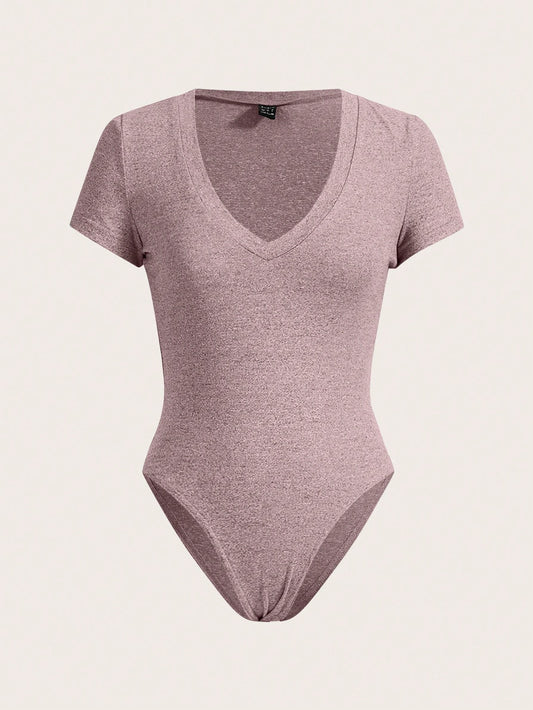 Slaydiva Body ajustado de manga corta con cuello en V profundo informal - Gris
