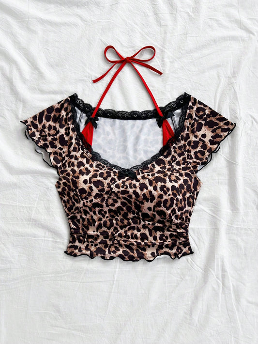 Soleia Camiseta ajustada de manga corta con cuello en V con volantes, lazo en el cuello y bloqueo de color con estampado de leopardo retro para mujer, ropa de mujer para Navidad
