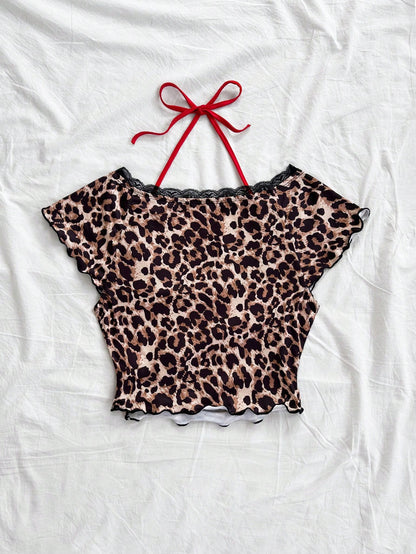 Soleia Camiseta ajustada de manga corta con cuello en V con volantes, lazo en el cuello y bloqueo de color con estampado de leopardo retro para mujer, ropa de mujer para Navidad