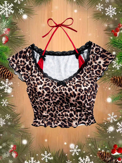 Soleia Camiseta ajustada de manga corta con cuello en V con volantes, lazo en el cuello y bloqueo de color con estampado de leopardo retro para mujer, ropa de mujer para Navidad