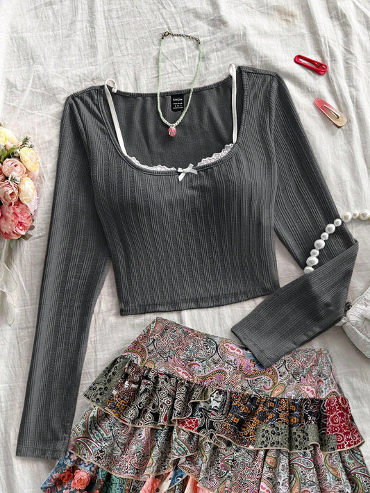 Soleia Camiseta de punto texturizada en rosa con cuello redondo, manga larga y ribete de encaje, 2 en 1 para vacaciones, para mujeres
