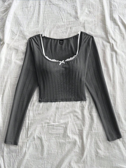 Soleia Camiseta de punto texturizada en rosa con cuello redondo, manga larga y ribete de encaje, 2 en 1 para vacaciones, para mujeres