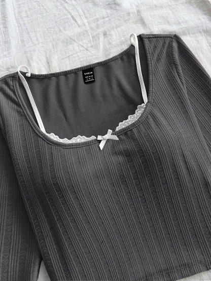 Soleia Camiseta de punto texturizada en rosa con cuello redondo, manga larga y ribete de encaje, 2 en 1 para vacaciones, para mujeres