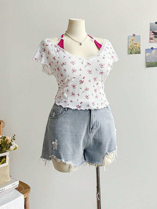 Soleia Camiseta de verano casual estilo ballerina para mujer talla grande, con cuello de encaje y splice de color contrastante, sin mangas, decorada con moño, en estampado floral vintage rojo y blanco