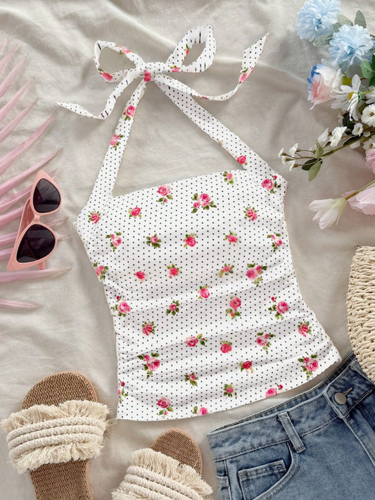 Soleia Camisola de mujer de cuello de halter plisada con estampado floral de lunares