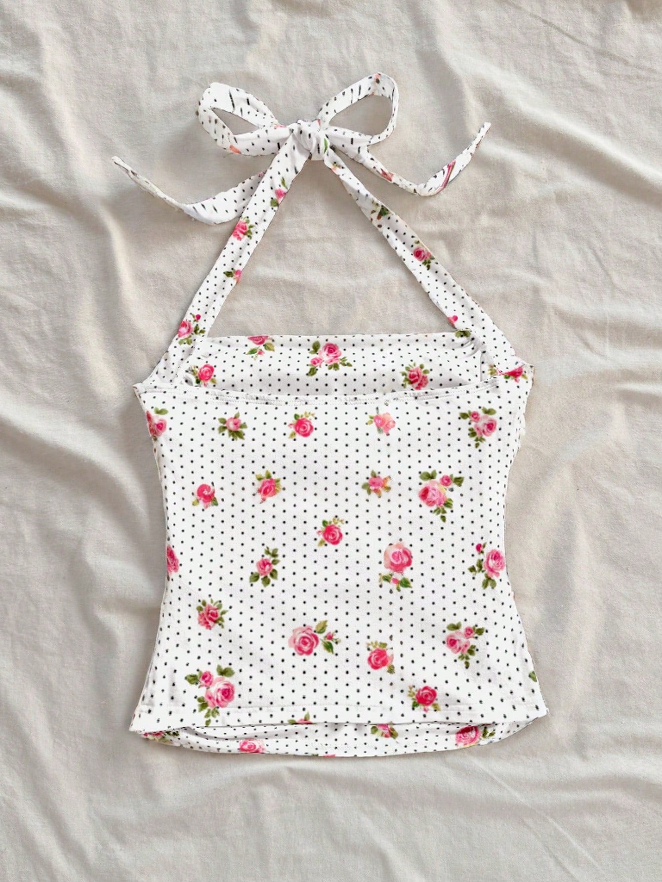 Soleia Camisola de mujer de cuello de halter plisada con estampado floral de lunares