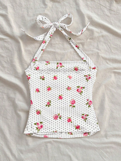 Soleia Camisola de mujer de cuello de halter plisada con estampado floral de lunares