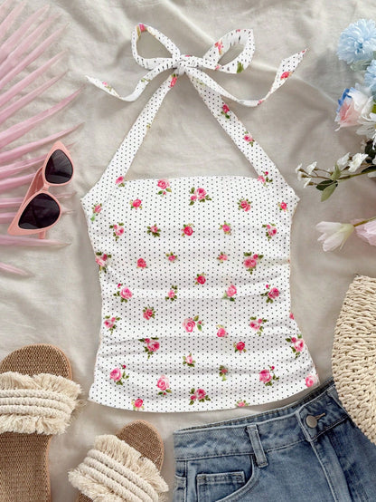 Soleia Camisola de mujer de cuello de halter plisada con estampado floral de lunares