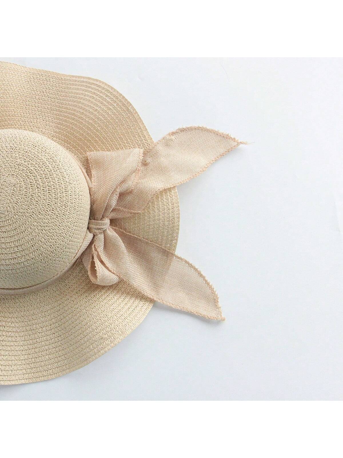 Sombrero de sol de paja con lazo para mujer con ala ancha, gorra de playa moños