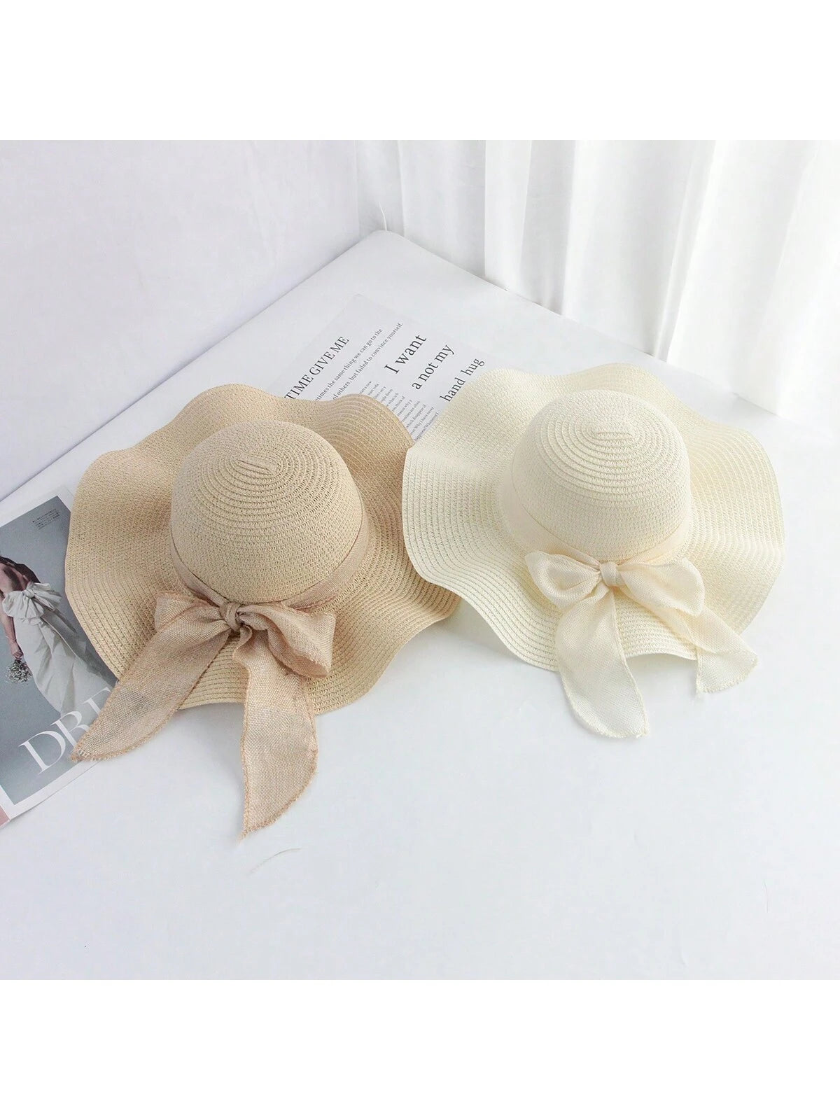 Sombrero de sol de paja con lazo para mujer con ala ancha, gorra de playa moños