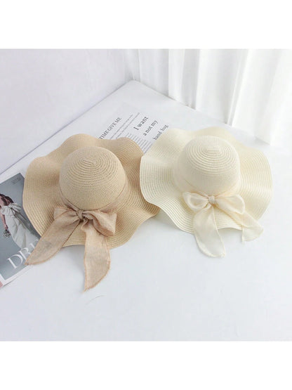 Sombrero de sol de paja con lazo para mujer con ala ancha, gorra de playa moños