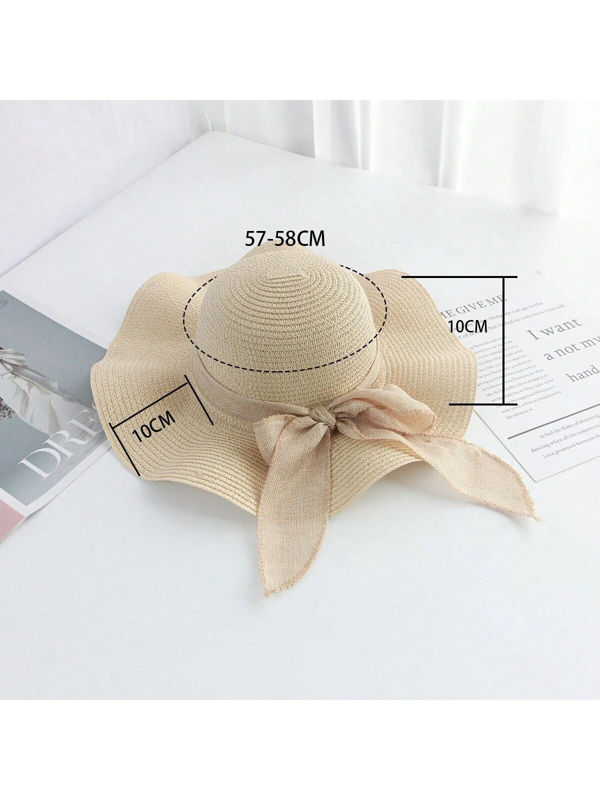 Sombrero de sol de paja con lazo para mujer con ala ancha, gorra de playa moños