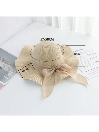 Sombrero de sol de paja con lazo para mujer con ala ancha, gorra de playa moños