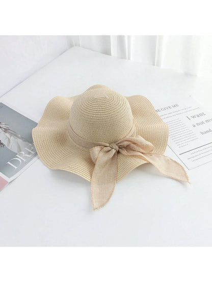 Sombrero de sol de paja con lazo para mujer con ala ancha, gorra de playa moños