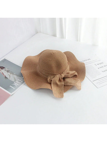 Sombrero de sol de paja con lazo para mujer con ala ancha, gorra de playa moños