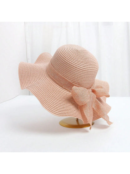 Sombrero de sol de paja con lazo para mujer con ala ancha, gorra de playa moños