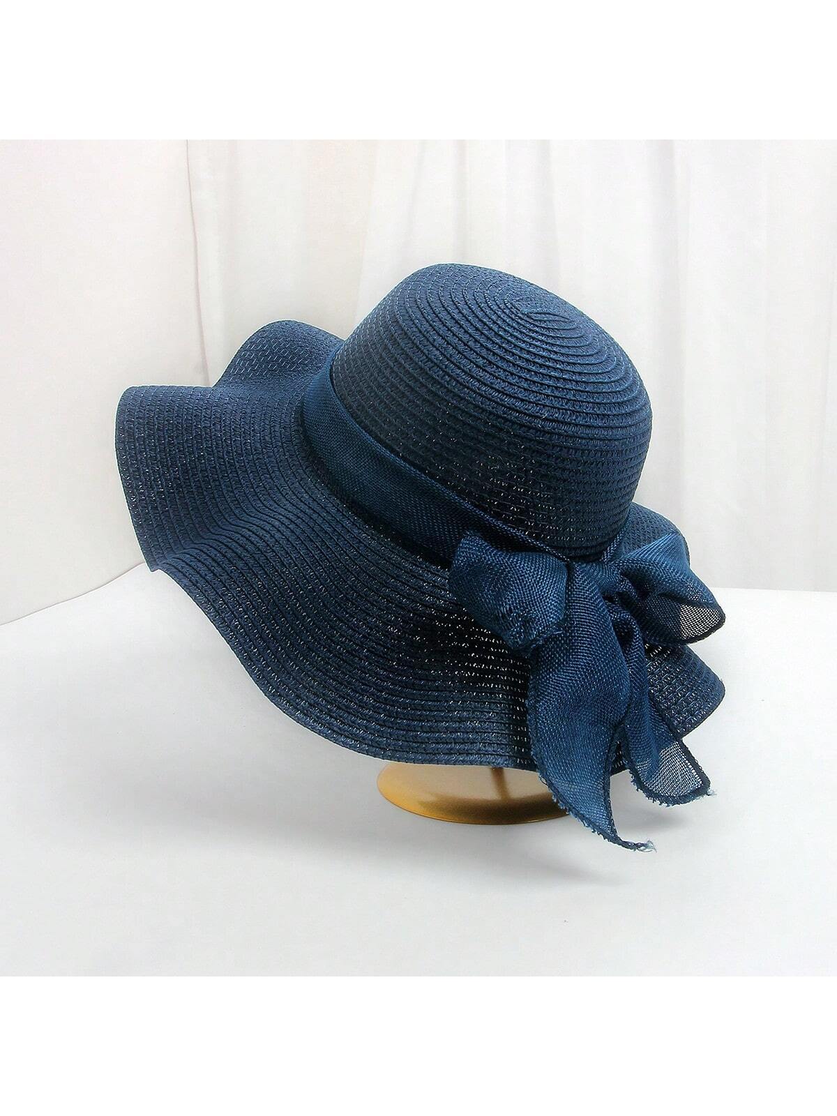 Sombrero de sol de paja con lazo para mujer con ala ancha, gorra de playa moños