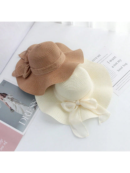Sombrero de sol de paja con lazo para mujer con ala ancha, gorra de playa moños