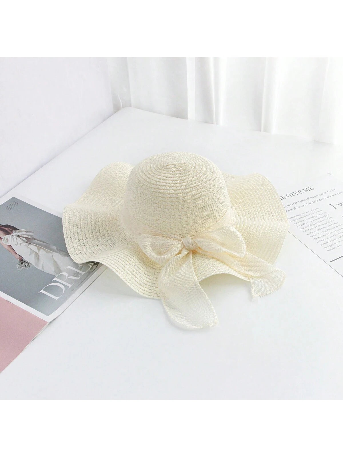 Sombrero de sol de paja con lazo para mujer con ala ancha, gorra de playa moños